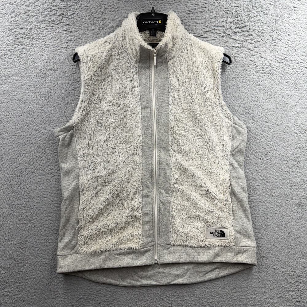The North Face Womens XL Sherpa/Faux Fur Full Zip Knit Panel Vest Gray Pocket